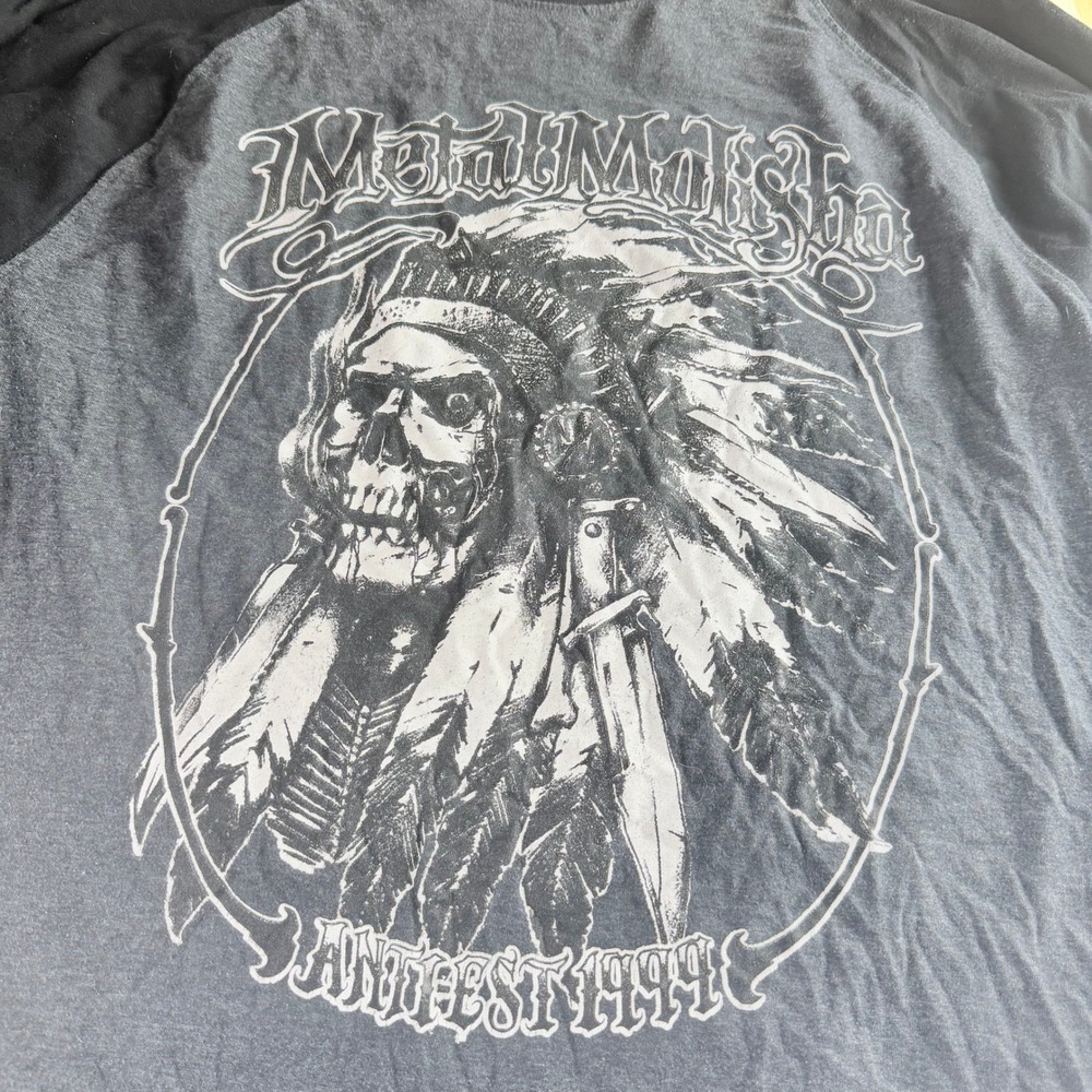 Metal Mulisha Mens XL Raglan Baseball Tee Skull Headdress Graphic Gray Black